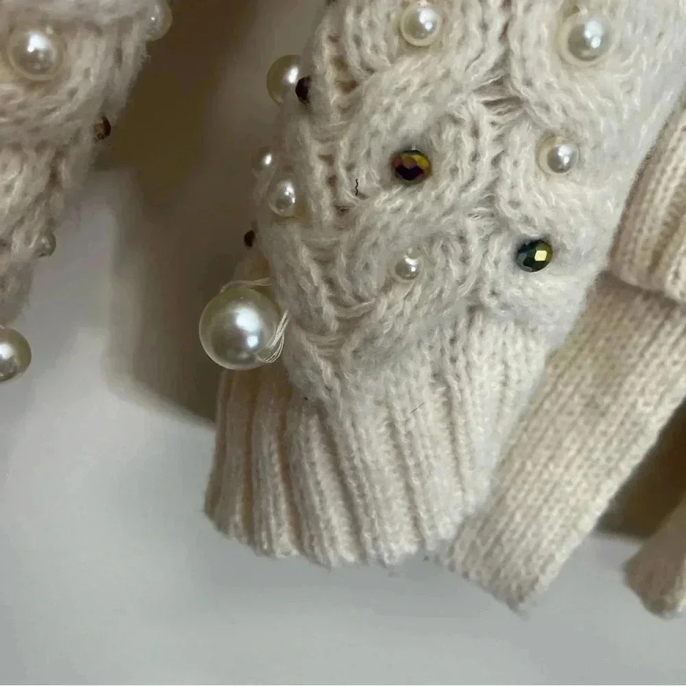 Maeve Anthropologie Ivory Kimono Things Embellished Party Pearl Holiday Sweater - Picture 8 of 14